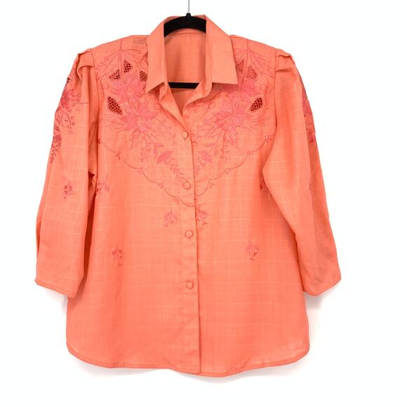 American Vintage Tops - Vintage Coral Embroidered Western Blouse Floral Button Front Womens Size XL
